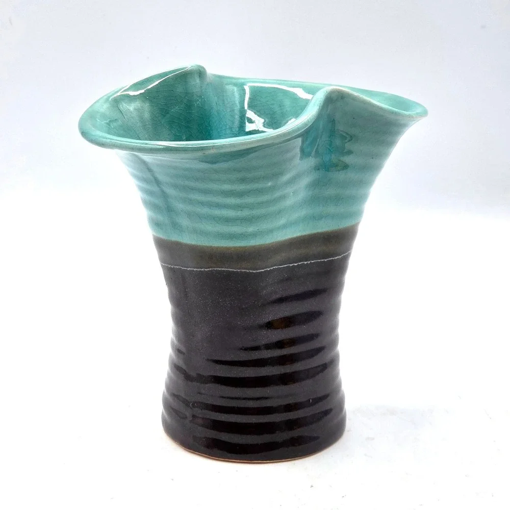 Vintage MCM Pottery‎ Aqua & Brown Stoneware Vase 6